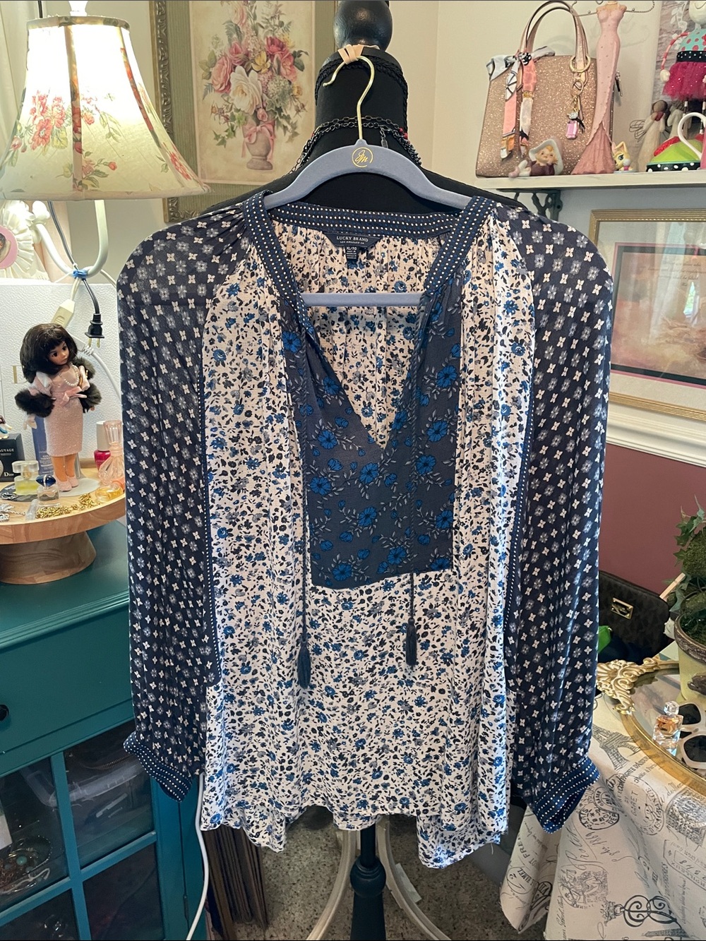 Boho Floral Mixed-Print Peasant Top - Blue Lucky Brand